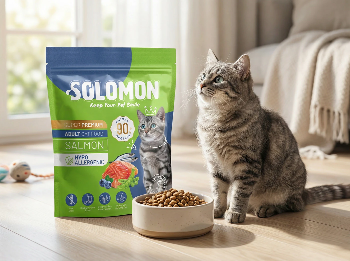 SOLOMON kedi maması için yeşil ve lacivert ambalaj tasarımı.