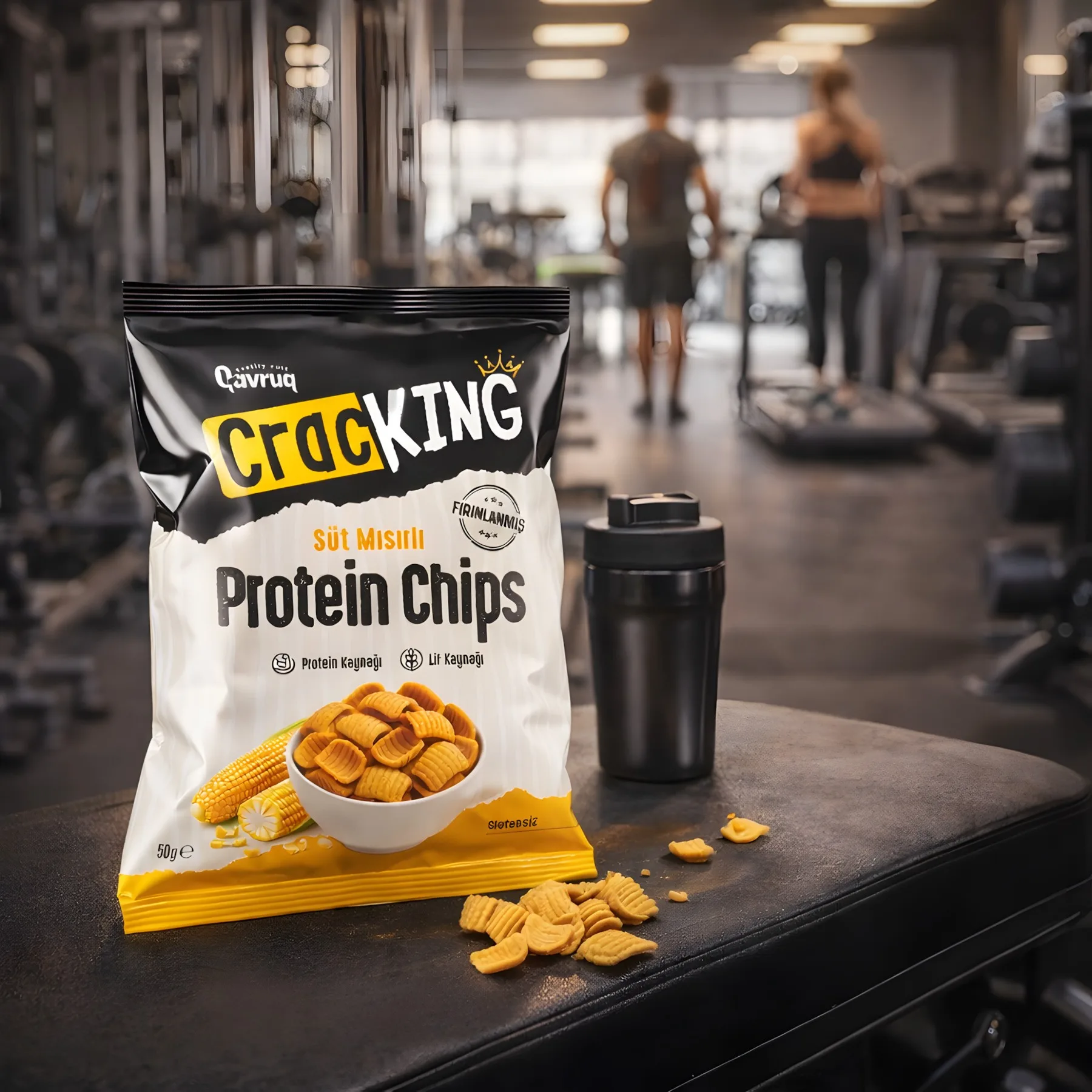 CracKING süt mısırlı Protein Chips için siyah, krem ve sarı renkli ambalaj tasarımı.
