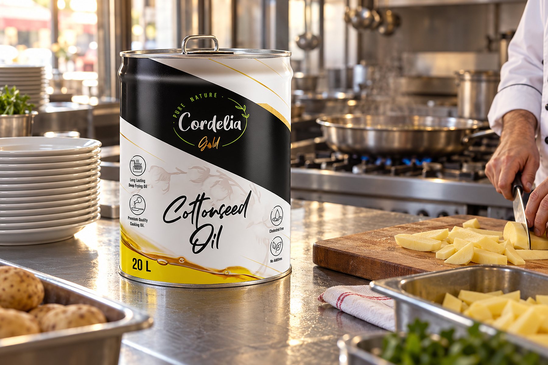 Cordelia Gold 20 L cottonseed oil tin in a restaurant kitchen