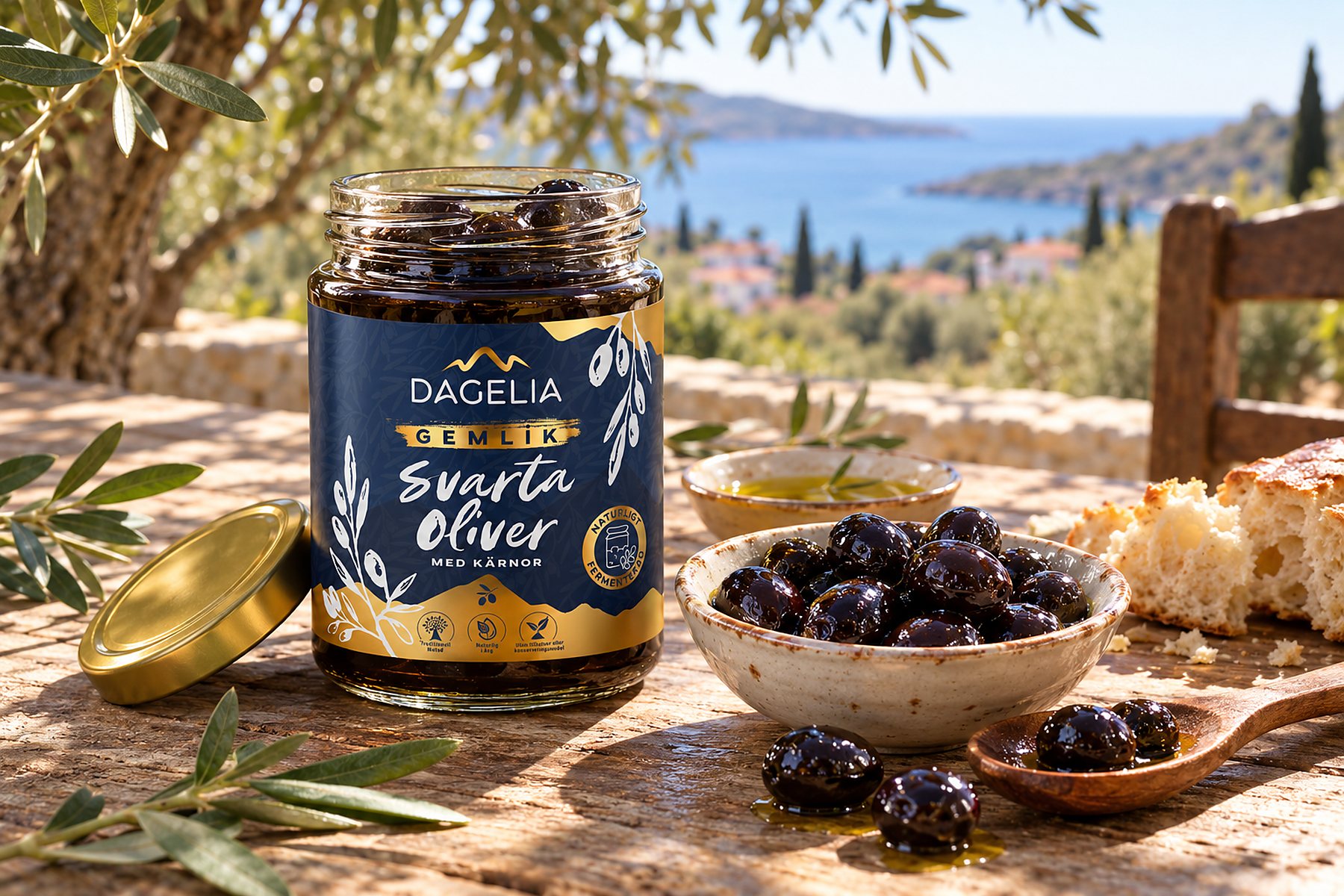 Dagelia Gemlik black olive jar on an Aegean breakfast table