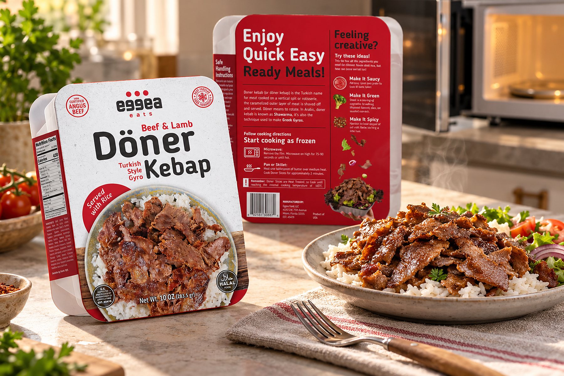 Eggea doner kebab ready-meal box in a home kitchen