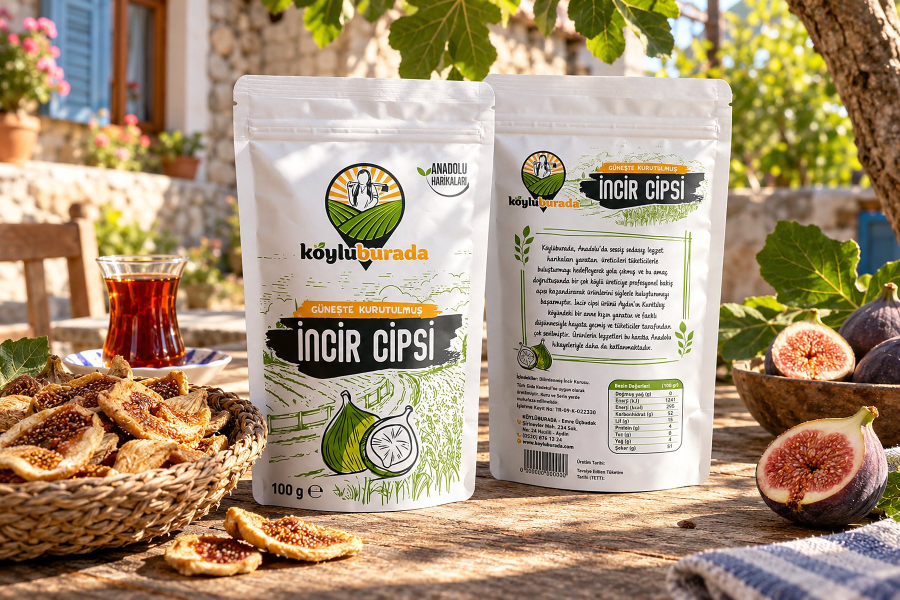 Koyluburada sun-dried fig chips packs in a village courtyard