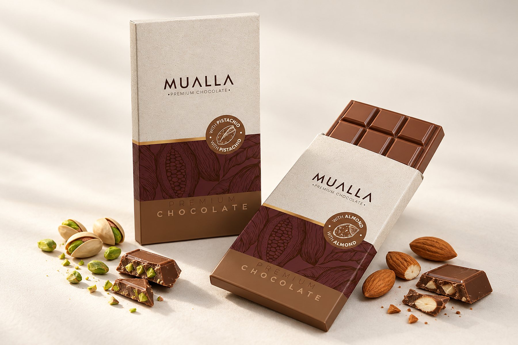Mualla pistachio and almond chocolate bar wrappers in a studio shot