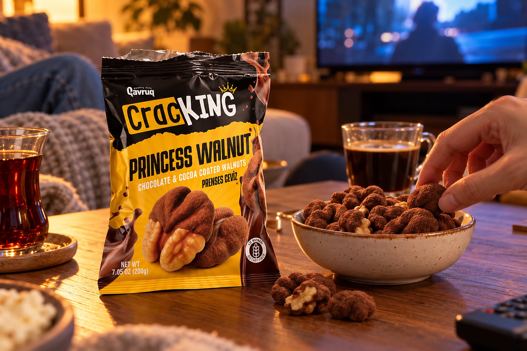 Qavruq CracKING princess walnut pack with a bowl on an evening table