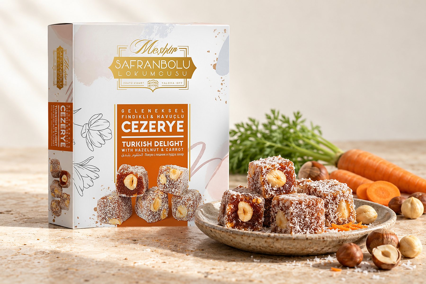 Safranbolu Lokumcusu hazelnut and carrot cezerye box in a studio shot
