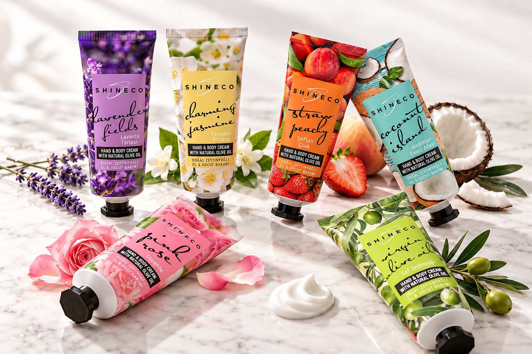 Shineco olive oil hand and body cream tube family on marble