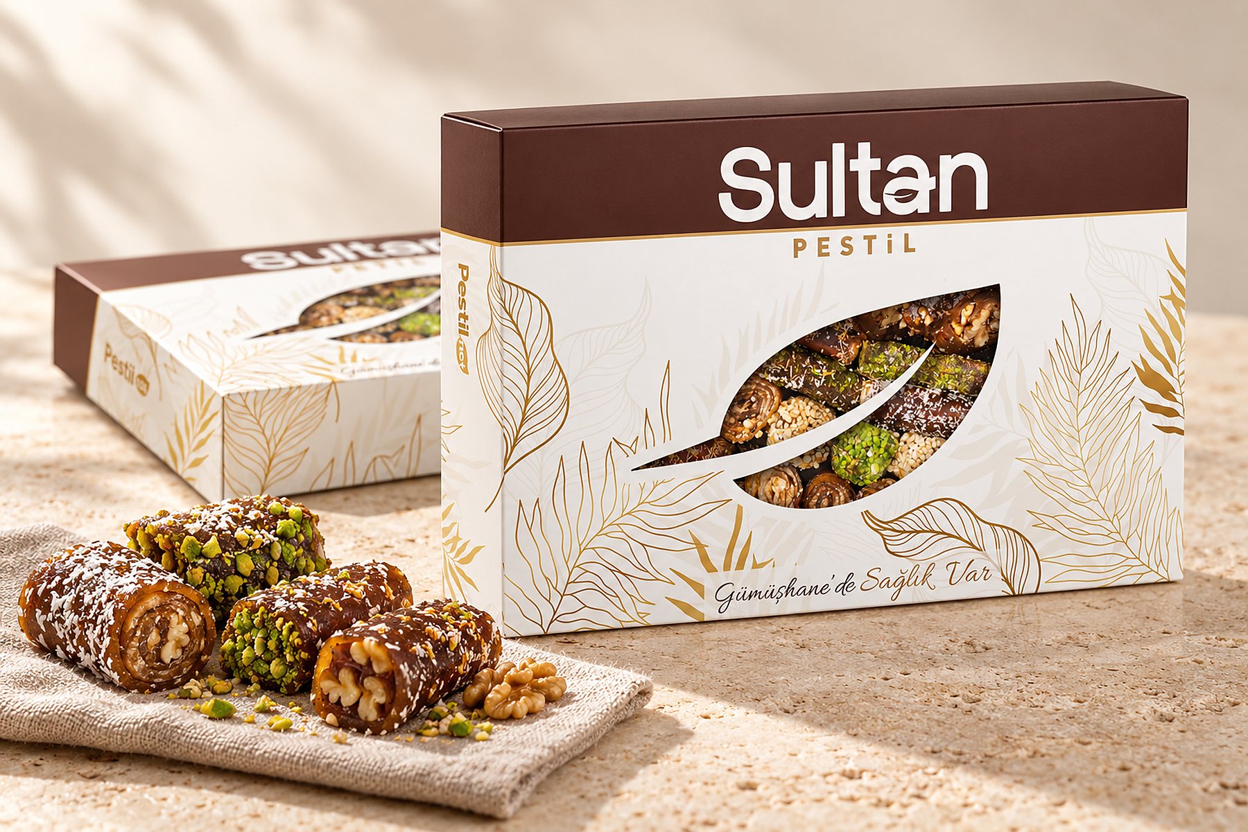 Sultan Pestil windowed gift box with pestil and köme on travertine