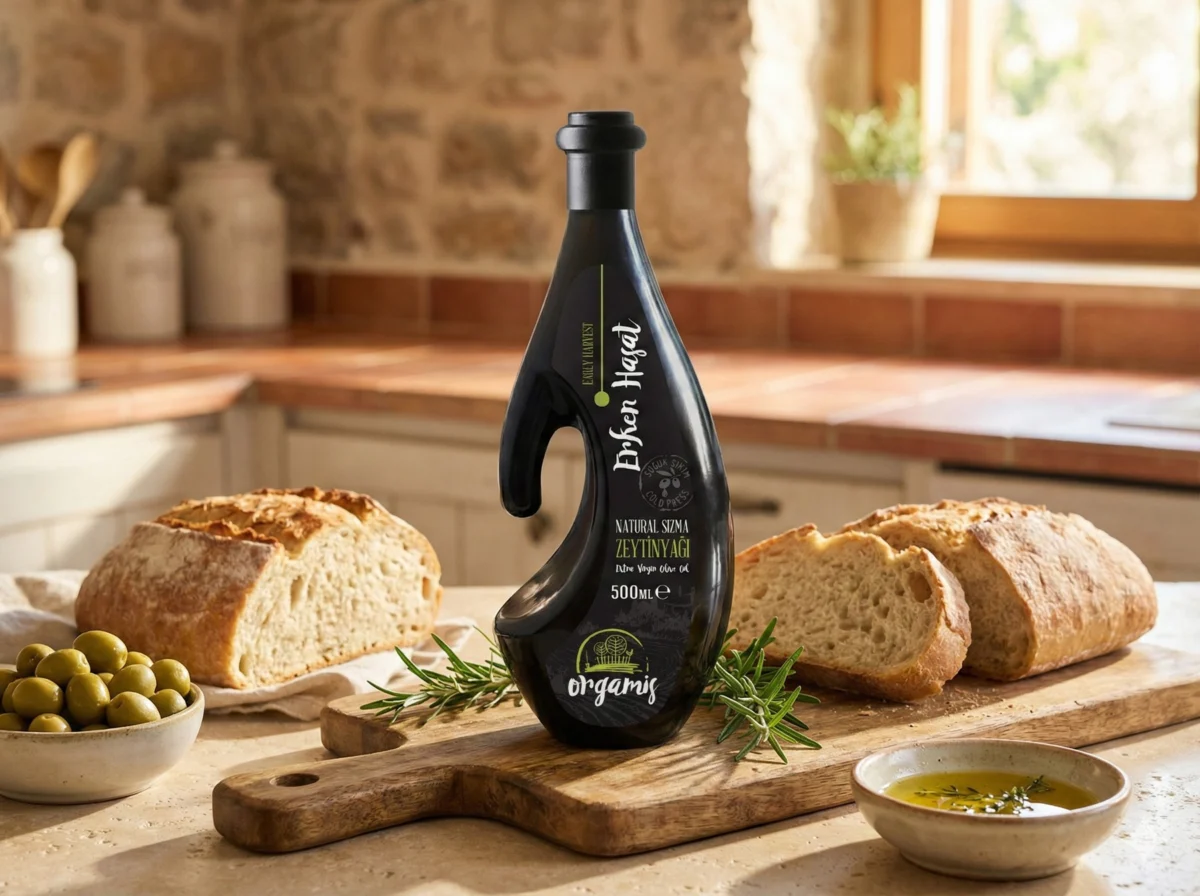 White typography and green label details on the black Orgamis olive oil bottle.