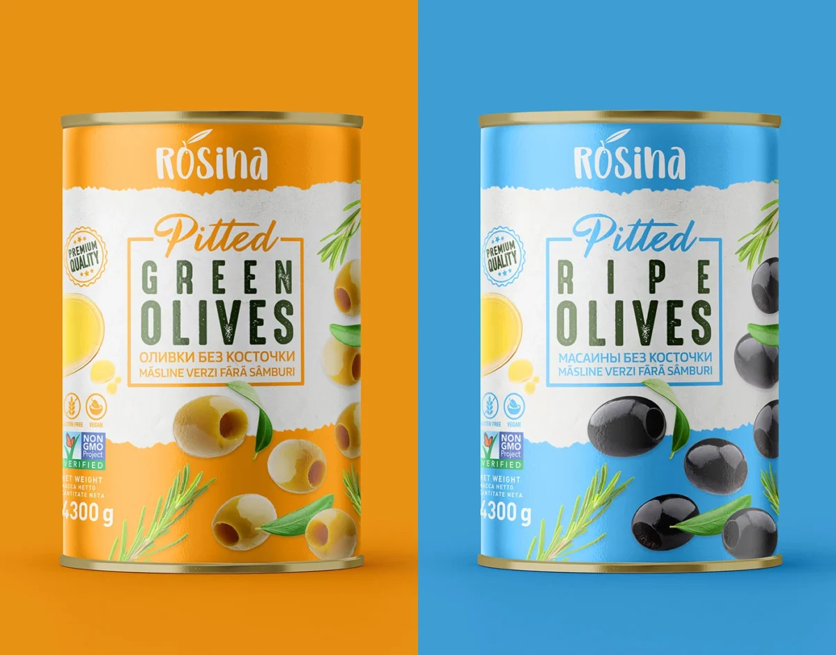 Orange and blue colour blocks on Rosina’s green and black olive packaging.
