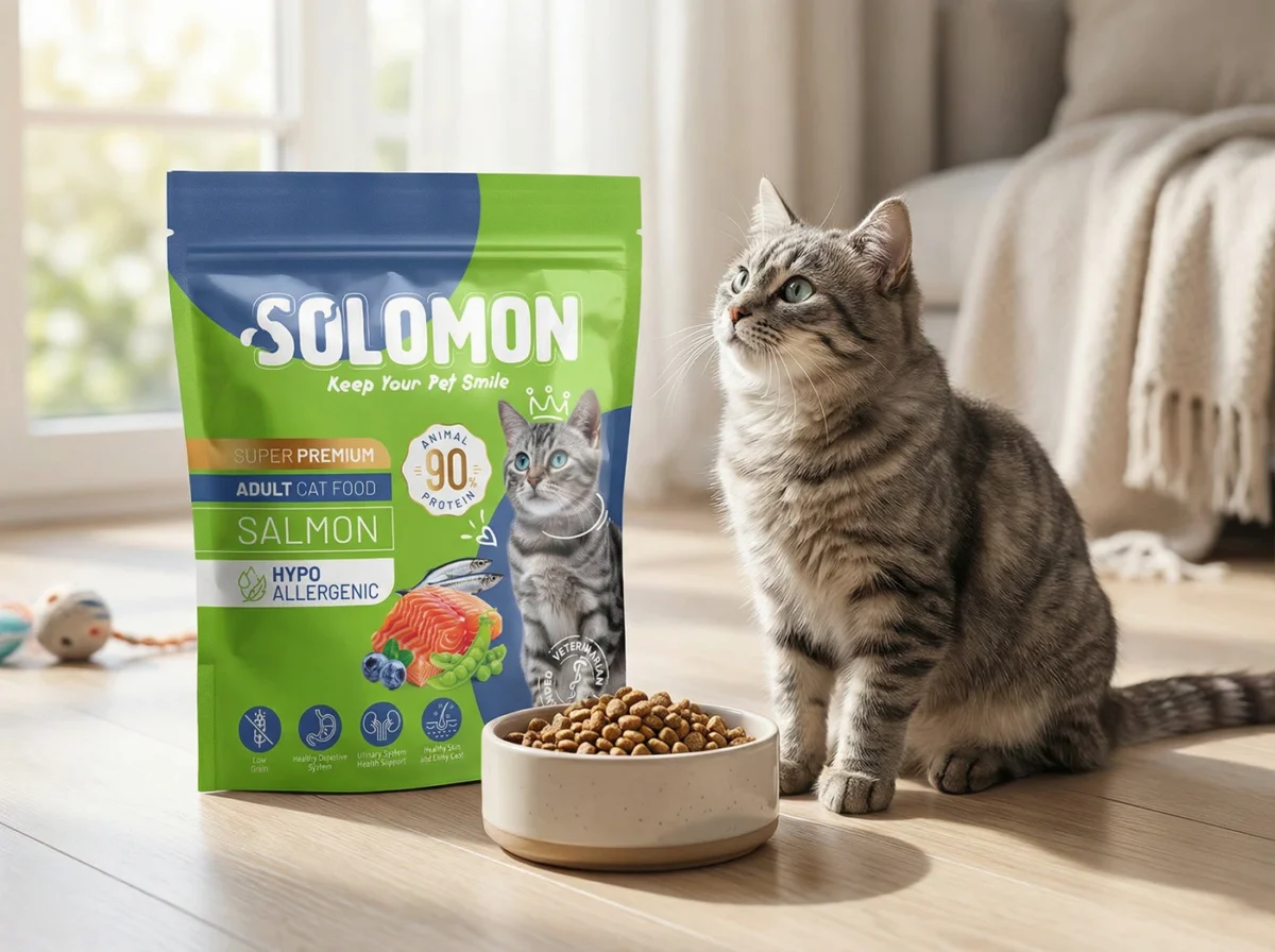 Green and navy packaging design for SOLOMON cat food.